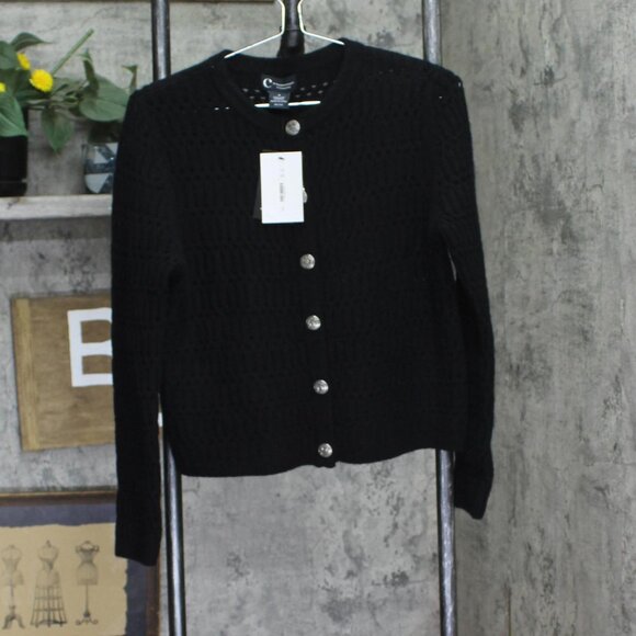 NWT C By Private Label Cashmere Crochet Cardigan Button Front Sweater Black S - Picture 4 of 8